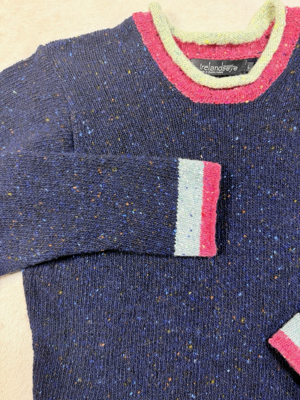 IrelandsEye Donegal Tweed Merino Wool Sweater Navy Pink Trim Ireland Sz L
